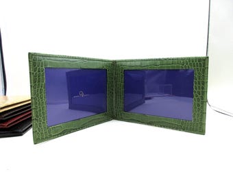 Bifold Picture Frame Leather Crocodile Embossed holds Two 4X6" Photos