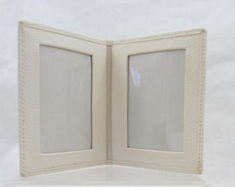 Leather Bifold Mini Picture Frame holds Two 2x3" Photos Ivory