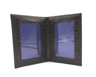 Leather Bifold Mini Picture Frame holds Two 2x3" Photos Crocodile Embossed Brown