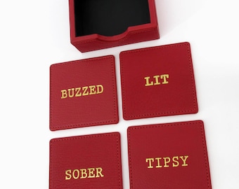 Leather Drink Coaster Set of Four Square in Matching Tray Gold Embossed Whimsical