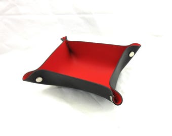 Leather Valet Tray Catchall Soft Snap Corner Design 7"  Black with Red