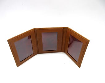 Leather Trifold Mini Picture Frame holds Two 2x3" Photos Tan