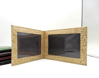 Bifold Picture Frame Leather Crocodile Embossed holds Two 4X6" Photos