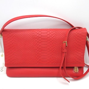 Leather Crossbody Convertible Clutch Python Embossed Poppy Red