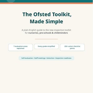 Op de afbeelding: Een blauwgroen en crèmekleurig document getiteld The Ofsted Toolkit, Made Simple, een Early Years Edition gids voor kinderdagverblijven en gastouders. Het bevat 7 evaluatiegebieden, uitleg over cijfers en meer dan 200 actiepunten op de checklist.