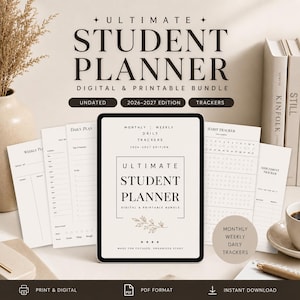 Op de afbeelding: Een digitale en printbare studentenplannerbundel met een tablet waarop de titel Ultimate Student Planner 2026-2027 Edition staat. De set bevat diverse pagina's voor dagplanningen, weekoverzichten, gewoonte-trackers en opdrachten in een neutraal kleurenpalet.
