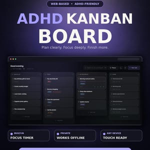 Könnte beinhalten: Eine digitale Kanban-Board-Oberfläche mit dunklem Design, die Spalten für Backlog, Todo, In Progress und Done Aufgaben enthält. Der Text lautet ADHD KANBAN BOARD, Web-based, ADHD-friendly, Built-in focus timer, Private, Works offline, Any device, Touch ready, One file, No account, No subscription.