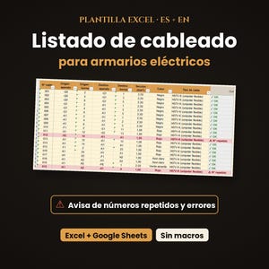 Puede incluir: Plantilla de Excel y Google Sheets para listados de cableado de armarios eléctricos. La hoja de cálculo incluye columnas para número de cable, origen, destino, sección, color y tipo, con aviso de números repetidos y errores.