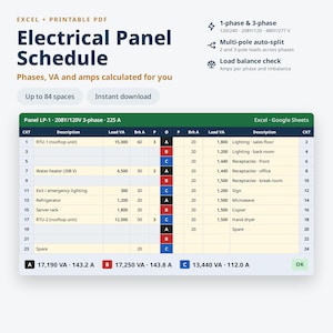 Electrical Panel Schedule Template Excel, 3 Phase Panel Schedule with Load Balance, Circuit Directory Printable, Electrician Spreadsheet