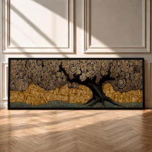May include: A rectangular wall art piece in a black frame featuring a stylized tree with a dark trunk and branches. The foliage and background are filled with intricate gold and brown spiral patterns, set against a textured teal ground.