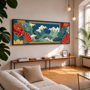May include: A rectangular wall art piece featuring a vibrant illustration of stylized blue ocean waves, large red and blue peony flowers, and red folding fans. The artwork is framed in dark wood and displays a bold, graphic, and colorful design.
