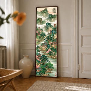 Chinoiserie Mountain RiverLong Narrow Wall Art: Chinese Pagoda Landscape Painting
