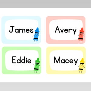 May include: Four rectangular labels with rounded corners in light blue, pink, light green, and yellow. Each label features a black name: James, Avery, Eddie, or Macey, accompanied by a small, smiling cartoon crayon matching the label color.