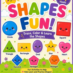 Puede incluir: Una colorida portada de libro de actividades educativas titulada SHAPES FUN! Trace, Color & Learn the Shapes. Presenta un sol sonriente y varias formas de dibujos animados con caras, incluyendo un círculo, cuadrado, triángulo, rectángulo, óvalo, estrella, corazón, diamante, pentágono y hexágono sobre un fondo de hierba.