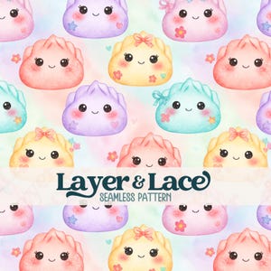 May include: A seamless pattern featuring cute, smiling dumpling characters in pastel shades of pink, yellow, purple, and blue, decorated with small bows and flowers. The text Layer & Lace SEAMLESS PATTERN is centered over the repeating design.
