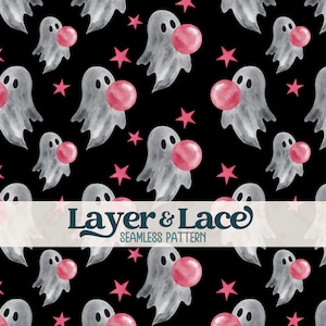 May include: A seamless pattern on a black background featuring watercolor-style gray ghosts blowing pink bubblegum bubbles, interspersed with small pink stars. A white horizontal banner displays the text Layer & Lace SEAMLESS PATTERN.