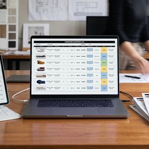 May include: A dark gray laptop and a tablet with a keyboard attachment, both displaying a spreadsheet titled Furniture Shopping List. A stack of printed papers with the same spreadsheet layout sits on the wooden desk next to the devices.