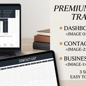 May include: A digital product bundle titled Premium Small Business Tracker Bundle featuring three spreadsheets for Excel and Google Sheets. The display shows a laptop screen with a performance report, a contact list, and a business development tracker.