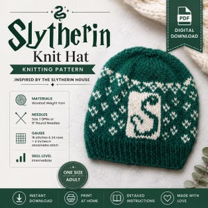 Strickanleitung für eine grüne Schlangenmütze (PDF) | Farbmuster-Mütze im House-Stil | Strickanleitung für Erwachsene | Sofort-Download