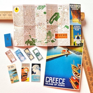 1/6 scale Travel Set GREECE with Vintage Map Passport Brochure Banknote for 12" Doll and Figure - Handmade Miniature for Diorama