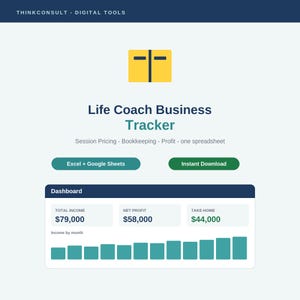 Life Coach Business Spreadsheet | Session Pricing Calculator, Bookkeeping and Profit Tracker | Excel & Google Sheets | Life Coach CODB