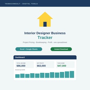 Hoja de cálculo para negocios de diseño de interiores | Precios de proyectos, contabilidad y seguimiento de ganancias | Excel y Google Sheets | Plantilla de diseño de interiores