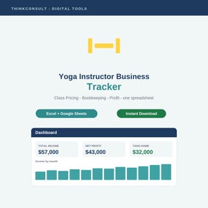 Yoga Instructor Business Spreadsheet | Class Pricing Calculator, Bookkeeping and Profit Tracker | Excel & Google Sheets | Yoga Teacher CODB