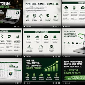 May include: A digital presentation showcasing an Excel-based restaurant management system. The slides feature dark green and white color schemes, displaying text, icons, and laptop screens with data dashboards, inventory tracking, and financial reports.