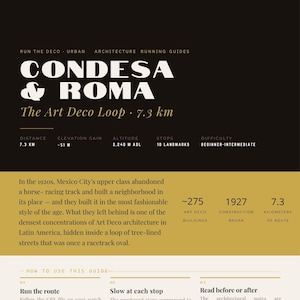 Puede incluir: Un cartel informativo de color marrón oscuro y dorado titulado Condesa & Roma The Art Deco Loop 7.3 km. Contiene texto sobre la arquitectura de Ciudad de México, una ruta de 7,3 km, 10 puntos de interés e instrucciones de uso.