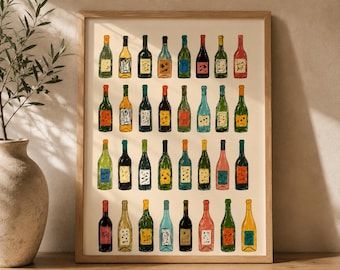 May include: A framed wall art print featuring a grid of thirty-two illustrated wine bottles arranged in four rows. Each bottle displays a unique color palette and abstract label design, rendered in a painterly style against a light cream background.