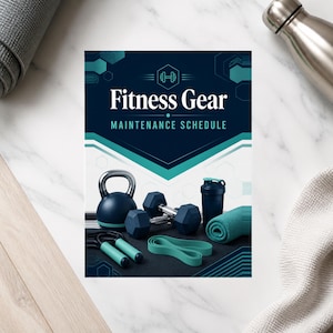 Könnte beinhalten: Ein rechteckiges Fitness Gear Maintenance Schedule Schild mit dunkelblauen und türkisfarbenen geometrischen Akzenten. Die Grafik zeigt eine Kettlebell, zwei Hanteln, einen Shaker, ein Springseil, ein Widerstandsband und ein türkisfarbenes Handtuch.
