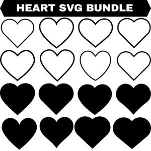 May include: A digital graphic file titled HEART SVG BUNDLE featuring sixteen heart shapes arranged in a four-by-four grid. The top two rows display eight white heart outlines with black borders, while the bottom two rows show eight solid black hearts.