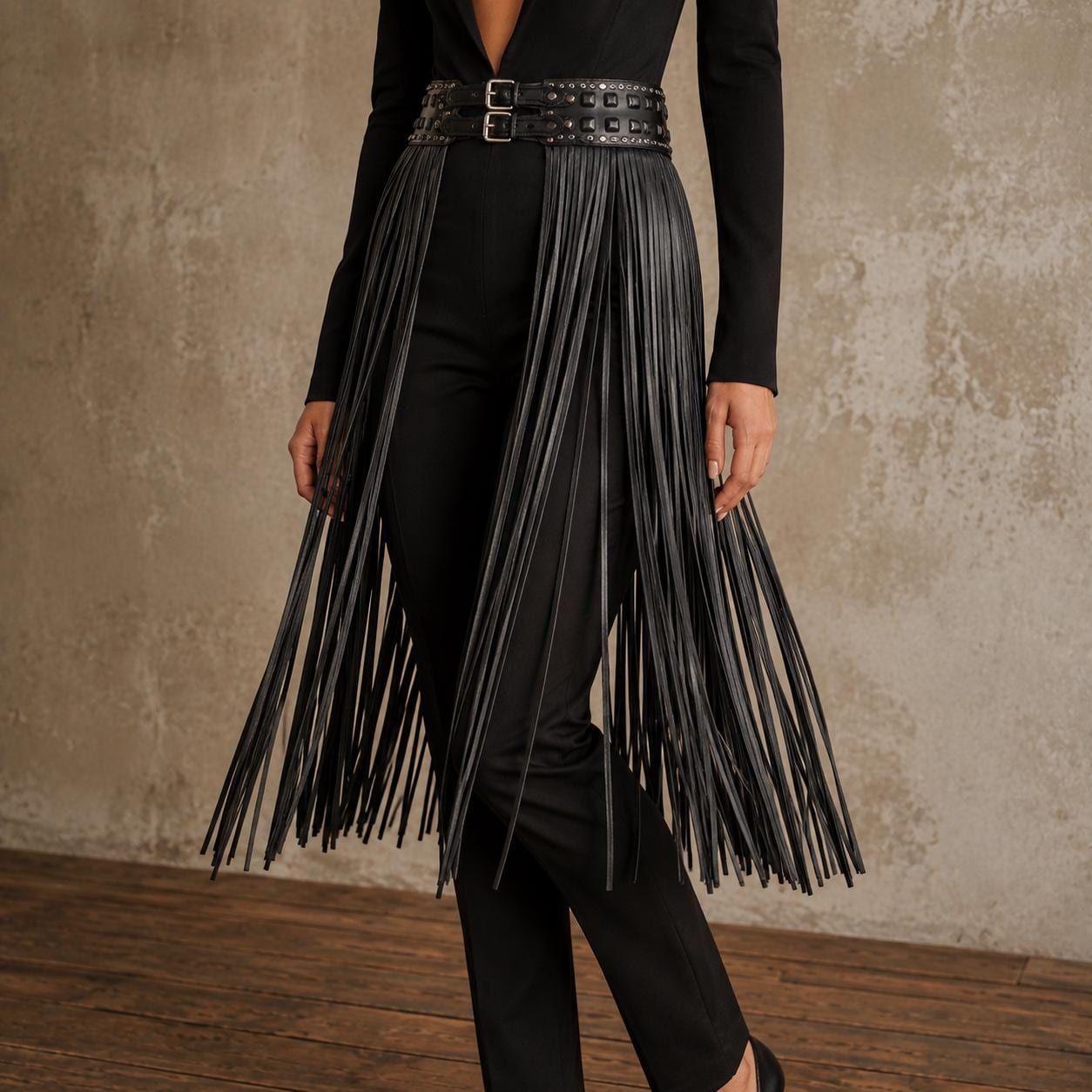 Black Faux Leather Fringe Waist Belt, Studded Double Buckle, Gothic Western Accessory