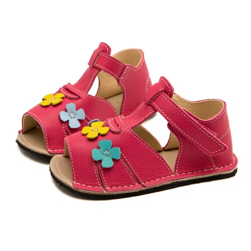 Coral pink Toddler Leather Sandals, chrome-free lining, hook&loop fastener, Vibram® sole, sale support barefoot walking