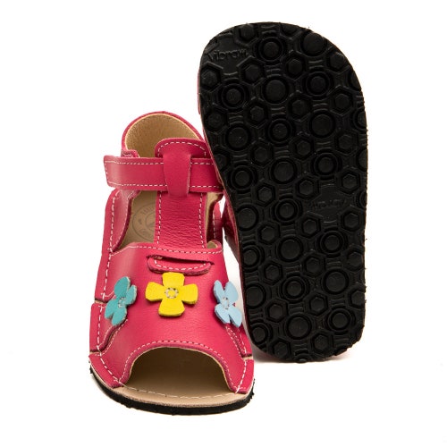 Coral pink Toddler Leather Sandals, chrome-free lining, hook&loop fastener, Vibram® sole, sale support barefoot walking