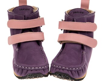 Purple/pink Boots, hook&loop fastener, sheepskin lining, Vibram®superflex sole, waterproof leather, support barefoot walking