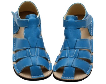Light Blue Kids Leather Sandals, chrome-free lining, hook&loop fastener, Vibram® sole, support barefoot walking