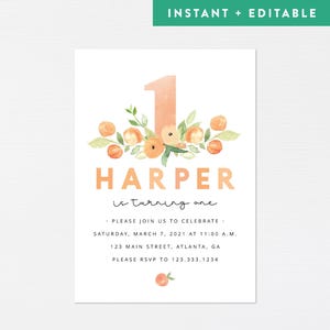 Peach Birthday Invitation · First Sweet as a Peach · Birthday Peaches Invite · Modern Georgia Peach Party · INSTANT DOWNLOAD (Corjl)