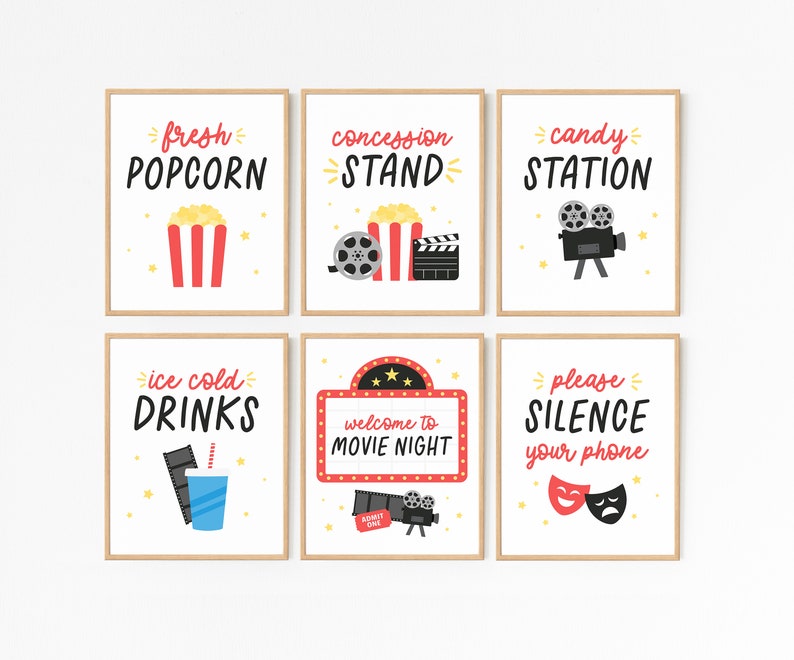 K&ouml;nnte beinhalten: Sechs druckbare Schilder f&uuml;r eine Filmabend-Party. Die Schilder sind in einem rot-wei&szlig;en Farbschema mit schwarzem Text und Illustrationen gehalten. Die Schilder lauten: "frischer Popcorn", "Kiosk", "S&uuml;&szlig;igkeitenstation", "eiskalte Getr&auml;nke", "Willkommen zum Filmabend" und "Bitte schalten Sie Ihr Telefon stumm".