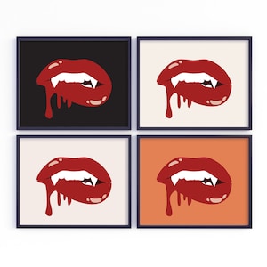 Vampire Lips Fangs Print Set · Set of 4 · Bloody Lips Teeth Halloween Decor Printable Art · Spooky Modern Halloween Prints · DIGITAL FILES