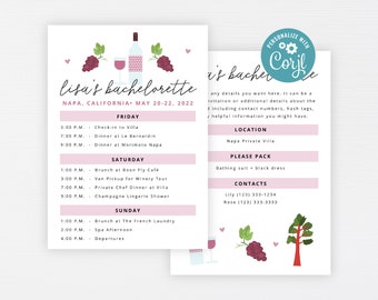 Wine Country Bachelorette Itinerary · Napa Sonoma Temecula Vineyard Party Weekend · Birthday Vacation Schedule · INSTANT DOWNLOAD (Corjl)