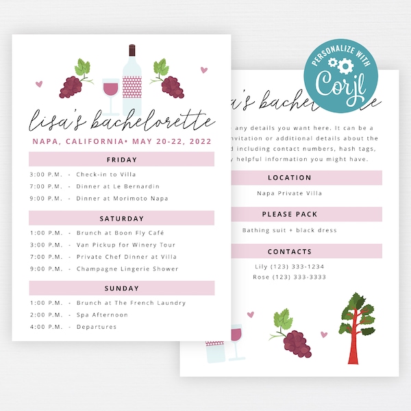 Wine Country Bachelorette Itinerary · Napa Sonoma Temecula Vineyard Party Weekend · Birthday Vacation Schedule · INSTANT DOWNLOAD (Corjl)