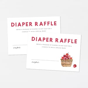 Op de afbeelding: Twee witte kaarten met rode tekst die "Diaper Raffle" zegt. De kaarten hebben een regel voor een naam en instructies om een ​​pakket luiers mee te nemen voor een kans om een ​​speciale prijs te winnen. Een kaart heeft een aquarel-illustratie van een mand met rode kersen.