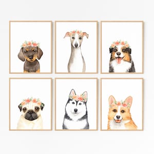 May include: Six watercolor paintings of different dog breeds wearing flower crowns. Each painting features a different breed, including a dachshund, Italian Greyhound, Australian Shepherd, pug, husky, and corgi.