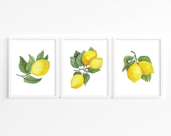 Lemon Prints · Set of 3 · Lemons Kitchen Print Set · Dining Room Art · Lemon Kitchen Home Decor · Citrus Lemon Printable · DIGITAL FILES