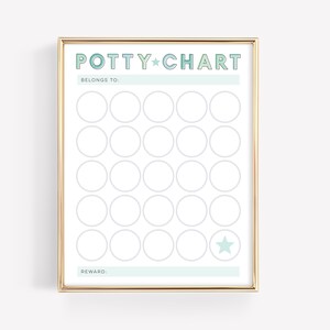 May include: A gold framed potty chart with a blue and green gradient background. The chart has the words "Potty Chart" in a playful font. There are 25 circles for marking progress and a star for a reward.