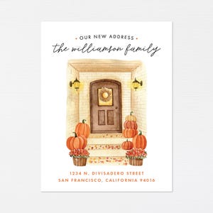 Anuncio de mudanza de otoño · Nuevo hogar · Nueva dirección · Tarjeta de otoño que nos hemos mudado · Anuncio de mudanza de calabaza de otoño · DIGITAL O IMPRESO
