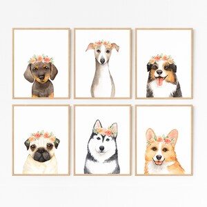 May include: Six watercolor paintings of different dog breeds wearing flower crowns. Each painting features a different breed, including a dachshund, Italian Greyhound, Australian Shepherd, pug, husky, and corgi.