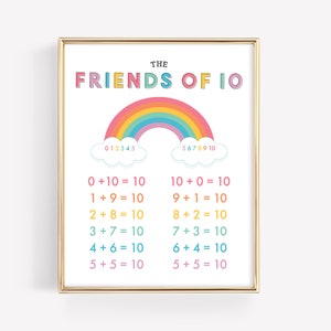 May include: A colorful rainbow with clouds and numbers on each side. The text "THE FRIENDS OF 10" is at the top of the image. Below the rainbow are addition equations that add up to 10.