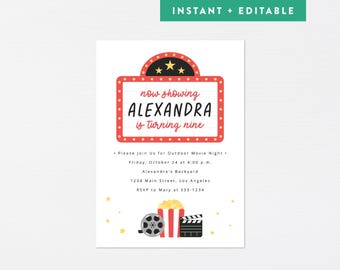 Filmabend Einladung · Popcorn Moderne Geburtstagseinladung · Pop On Over Sommer Autokino Party · SOFORTIGER DOWNLOAD (Corjl)